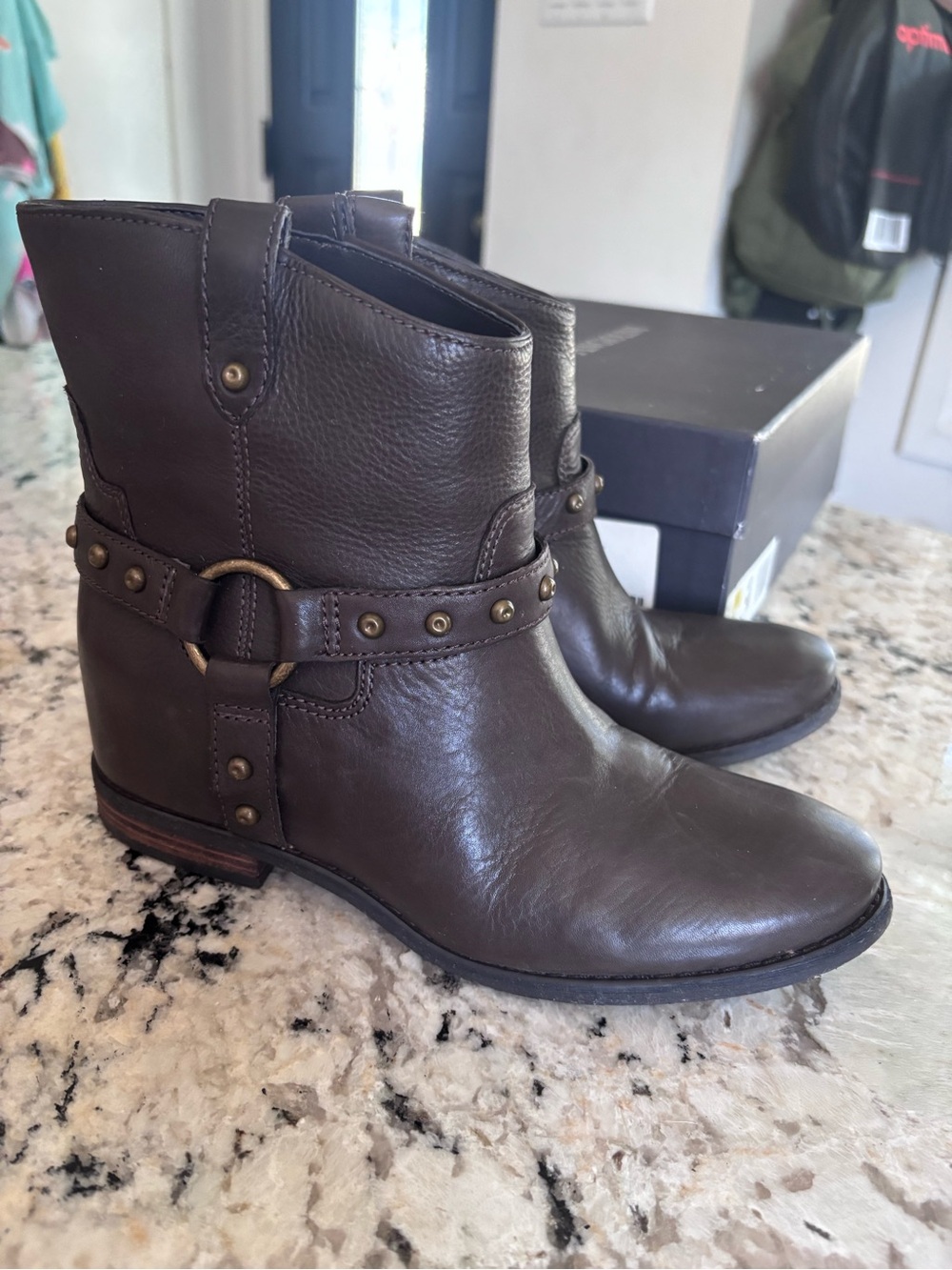 Enzo Angiolini Dark Brown Leather Studded Harness Ankle Boots